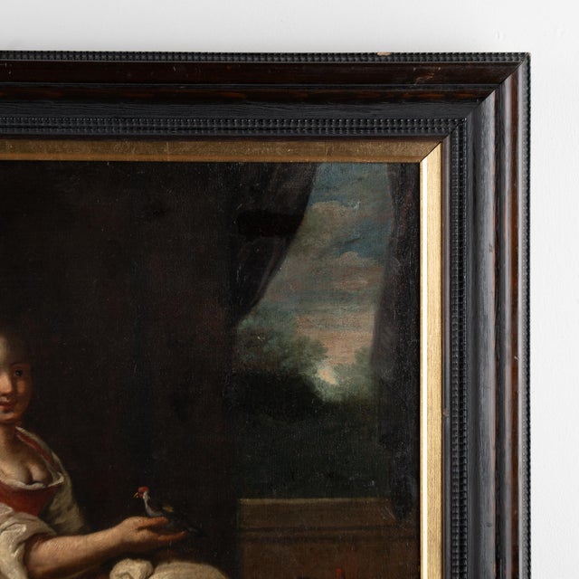 Wood Early 19th Century Oil on Canvas Painting of Young Woman With Bird For Sale - Image 7 of 15