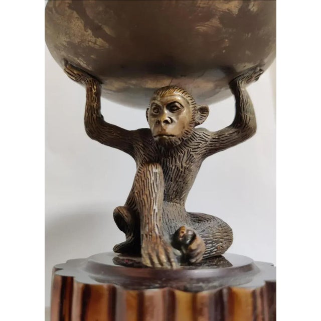 Art Deco Vintage Ornate Tall Fluted Scalloped Brass Candle Torchières With Monkey - A Pair For Sale - Image 3 of 8