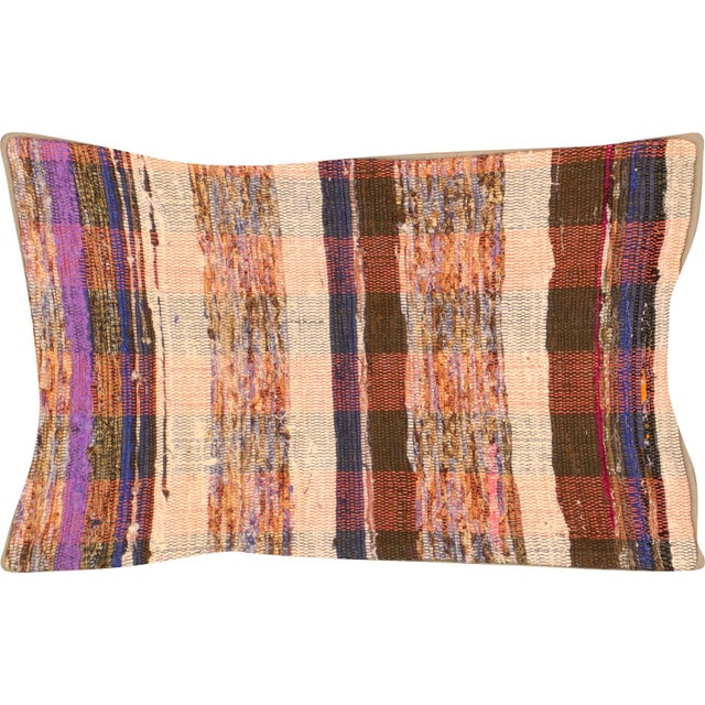 1960s Turkish Rag Pillow. Sewn with fragments of vintage hand made Anatolian cotton & linen kilims. Fiber fill. 523041
