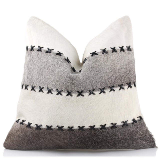 Farmhouse Luxury Striped Genuine Hair-on Cowhide Pillow 18x18 | Handmade For Sale - Image 3 of 7