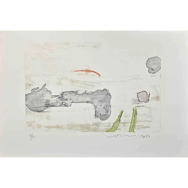 Abstract composition is a colored etching realized by Hsiao Chin in 1977. The artwork is hand-signed and dated in pencil...