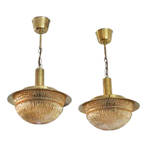 Mid-Century Danish Glass and Brass Chandeliers by Vitrika, Set of 2