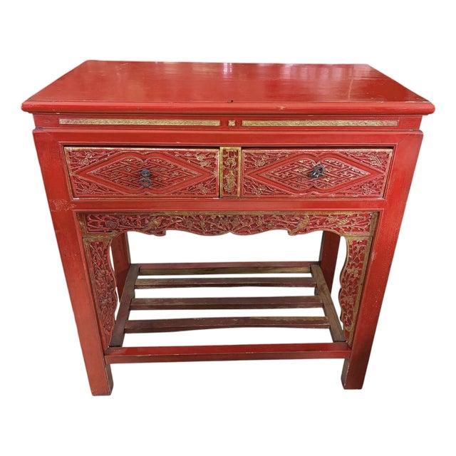 Vintage Chinoiserie Red Lacquer Console Table 33.5" W For Sale