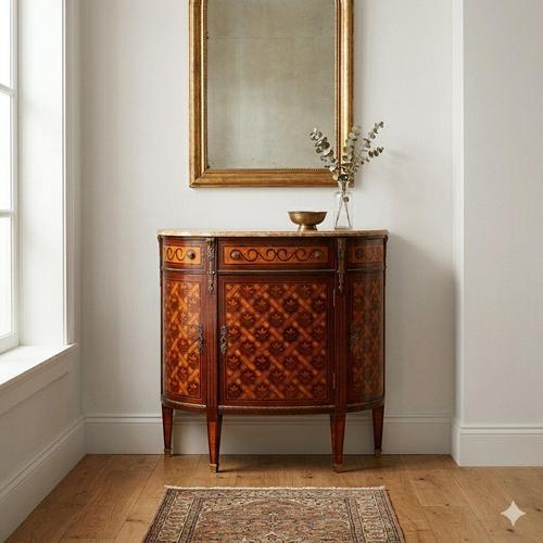 Demi-Lune sideboard in neoclassical style, veneered in various woods. Breccia marble top, body decorated with marquetry,...