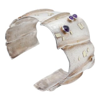 Vintage Modernist Silver, Gold, & Amethyst Cuff Bracelet Attributed to Enid Kaplan For Sale
