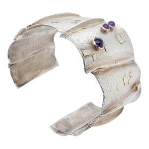 Vintage Modernist Silver, Gold, & Amethyst Cuff Bracelet Attributed to Enid Kaplan
