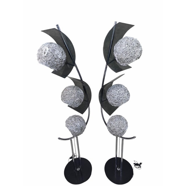 Mid-Century Modern Chrome Triple Light Lamps with Metal Spaghetti Shades & Smoked Plexiglass – Pair Fantastic pair of Mid-...