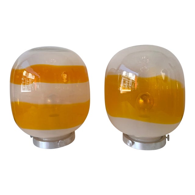 Pair of Murano Glass Orange White Smoke Saturn Lamps. Italy, 1970s For Sale