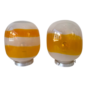 Pair of Murano Glass Orange White Smoke Saturn Lamps. Italy, 1970s