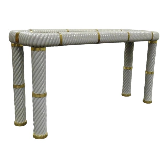 Late 20th Century Tommaso Barbi Style Ceramic & Brass Spiral Gray Hollywood Regency Console Table For Sale
