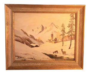 European Winter Snow Scene Castle Deer Oil Signed