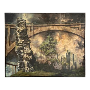 Paul Gorka - Vintage Fantasy Realist Cityscape With Bridge, Signed (C. 1970, Oil on Canvas)