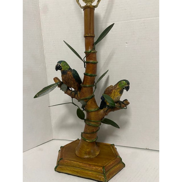 French Mid 20th Century French Faux Bamboo & Parrot Bird Palm Beach Table Lamp For Sale - Image 3 of 13