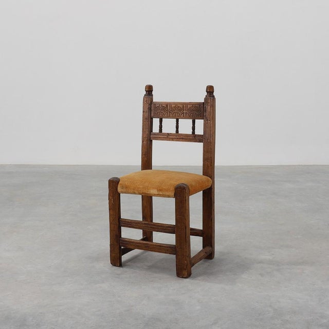 Spanish Hand-Carved Oak Side Chair with Velour Seat, 19th Century For Sale - Image 14 of 14