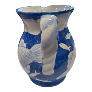 Vintage Mid-Century Modern Jay Willfred Andrea by Sadek Blue & White Fish Hand Painted Pitcher For Sale