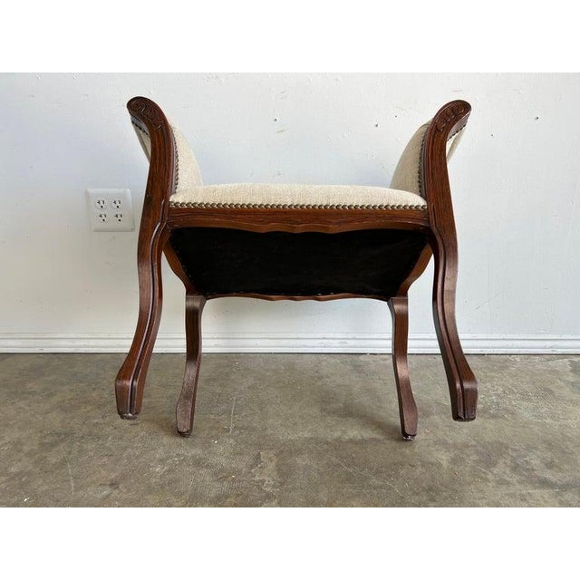 French Provincial Bench, Mahogany & Linen, Brass Nailheads, 1940s For Sale - Image 11 of 11