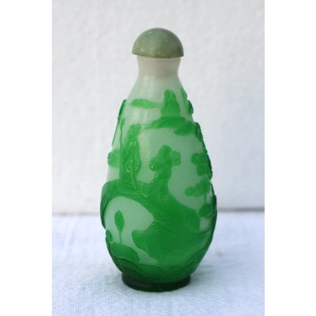 Chinese Lime Green Glass Overlay Chinese Snuff Bottle With Stopper 3" For Sale - Image 3 of 12