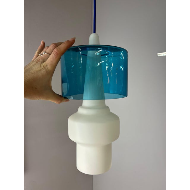 Blue and White Opal Glass Pendant Lamp by Hyllinge Glasbruk For Sale - Image 6 of 11