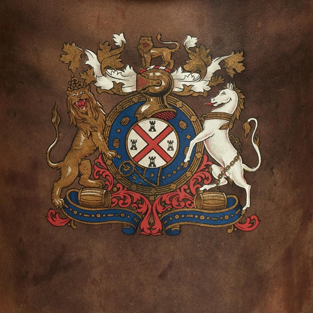 Brown 1920s Antique English Leather Bucket Table Lamps With Armorial Crests - a Pair For Sale - Image 8 of 11