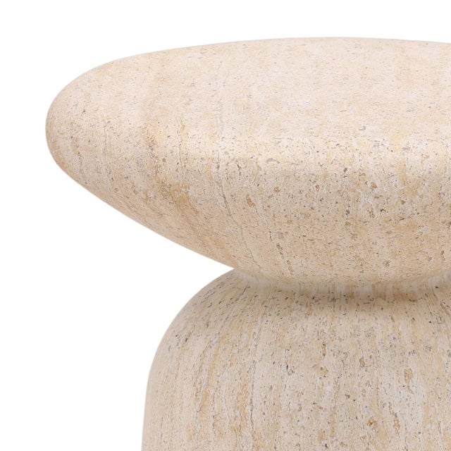 Beautiful faux travertine round side table perfect for outdoor for indoor use. Made from durable lightweight concrete....