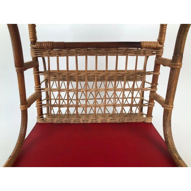 Wood Mid-Century Bar Wagon in Wicker with Red Shelves, 1950s For Sale - Image 7 of 14