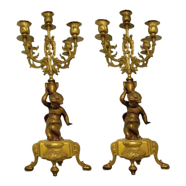 Candelabra Pair Brass 4 Arms With Cherub Angel Figures Vintage French Decor For Sale