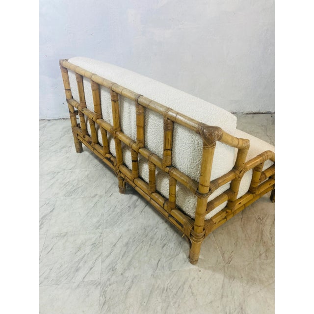 French French Rattan Chippendale Settee Reupholstered in Boucle For Sale - Image 3 of 6