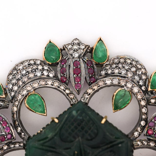 Antique Victorian Carved Jade, Emerald, Ruby, Diamond Gold Pendant or Brooch For Sale - Image 4 of 6