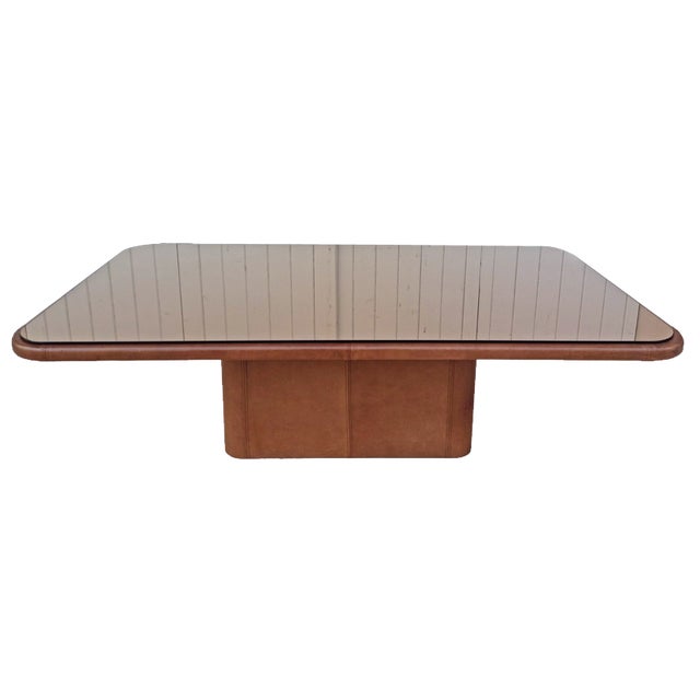 Leather Coffee Table with Glass Top, 1980s For Sale