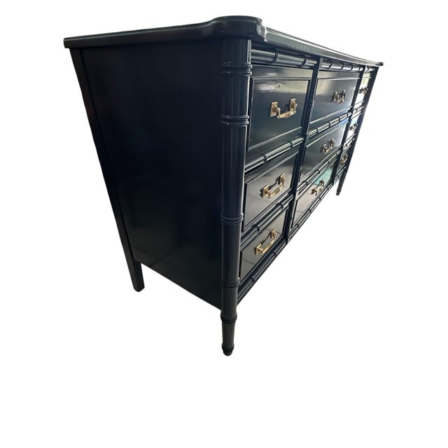 Hollywood Regency 1970s Henry Link Bali Hai Faux Bamboo Nine Drawer Dresser - Navy Blue For Sale - Image 3 of 11
