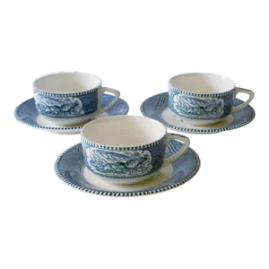Mid 20th Century Currier & Ives Cups and Saucers Set- 6 Pieces