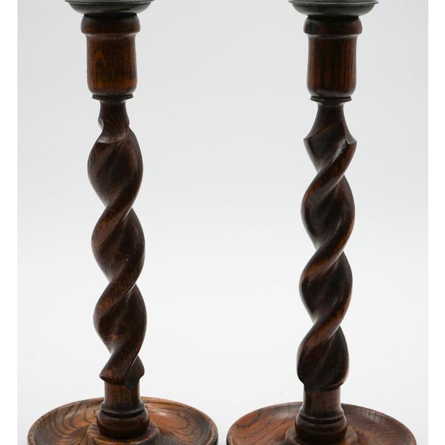 English Early Victorian Oak Barley Twist Candleholders, Set of 2 For Sale - Image 3 of 10