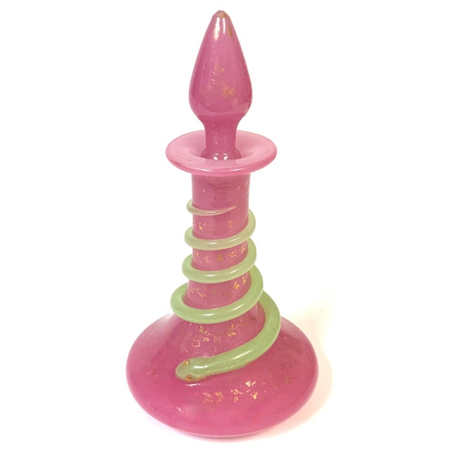Pair French Pink Opaline Perfume Bottles with Green Serpents Attrib. Baccarat For Sale - Image 4 of 13
