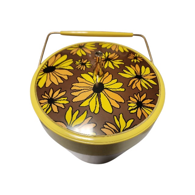 Funky mid century modern, circa 1960s-70s, West Bend Thermo Serv insulated lidded ice bucket in daisy pattern, in...
