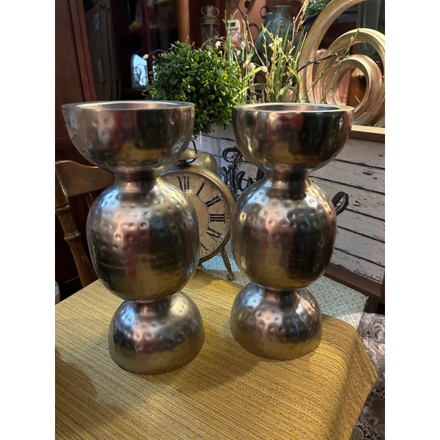 Art Deco Large Pair of Vintage Farmhouse Hammered Metal Candle Holders For Sale - Image 3 of 6