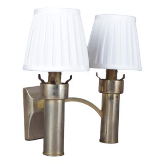 Modernist 2-Light Wall Sconce in Brass-Toned Metal with White Pleated Shades, 1950s For Sale