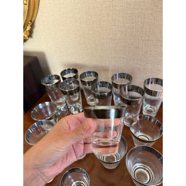 1960s Mid-Century Modern Dorothy Thorpe Silver Rimmed Bar Glasses - Set of 19 For Sale - Image 9 of 10