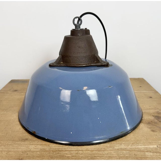 Industrial Blue Enamel and Cast Iron Pendant Lamp, 1960s For Sale - Image 14 of 18
