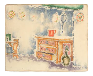 1930 "Red Pitcher" Interior Room Scene Watercolor Painting by Deszo Pecsi Pilch