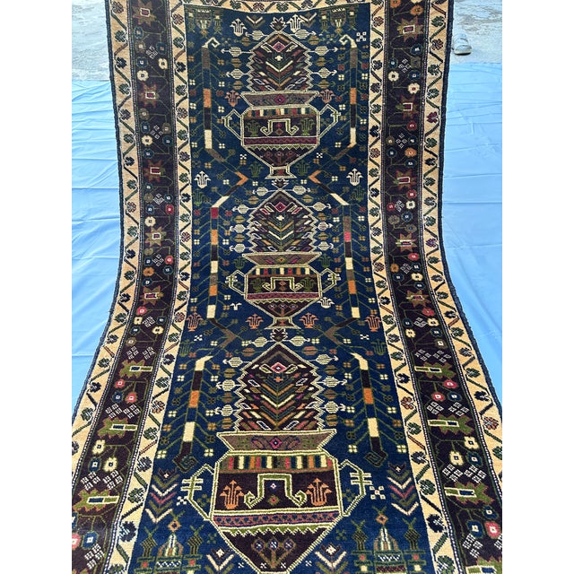Tribal Afghan Medallion Area Rug, Hand-Knotted Wool, Tribal, 3x7, Indigo & Camel For Sale - Image 3 of 12