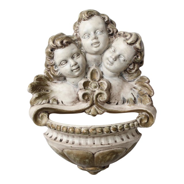 Antique European Baroque Gilt Cherub Trio Wall Pocket/Art For Sale
