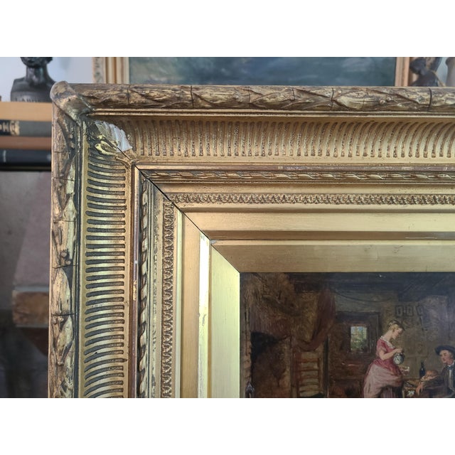 Brown Antique 19th Century Oil Painting Rustic Cottage Interior Husband Wife & Dog For Sale - Image 8 of 12