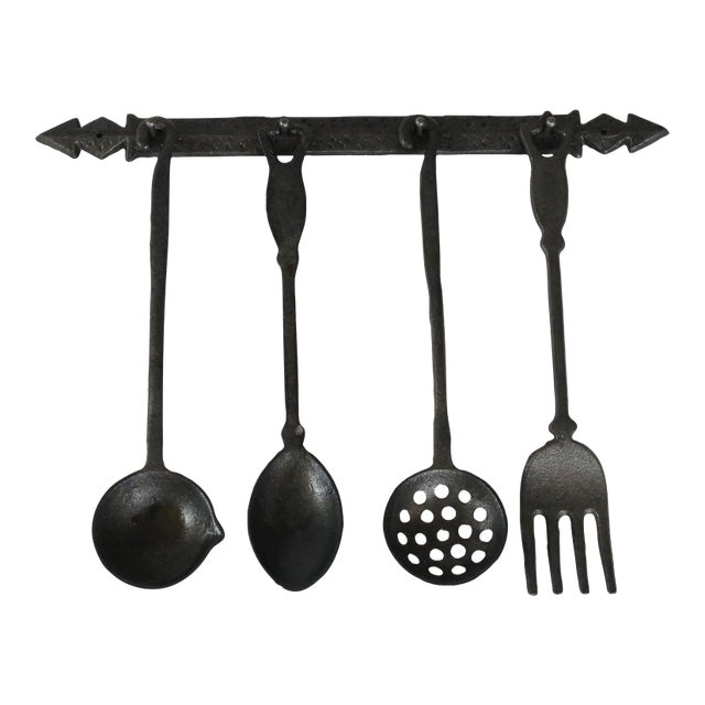 Vintage Hand Forged Cast Iron Utensils With a Matching Decorative Wall Hanger For Sale