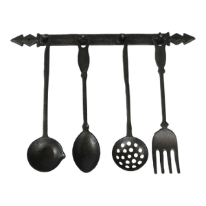 Vintage Hand Forged Cast Iron Utensils With a Matching Decorative Wall Hanger