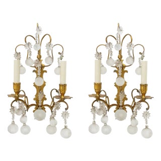 Italian Brass and Crystal Two-Branch Wall Sconces, Pair For Sale