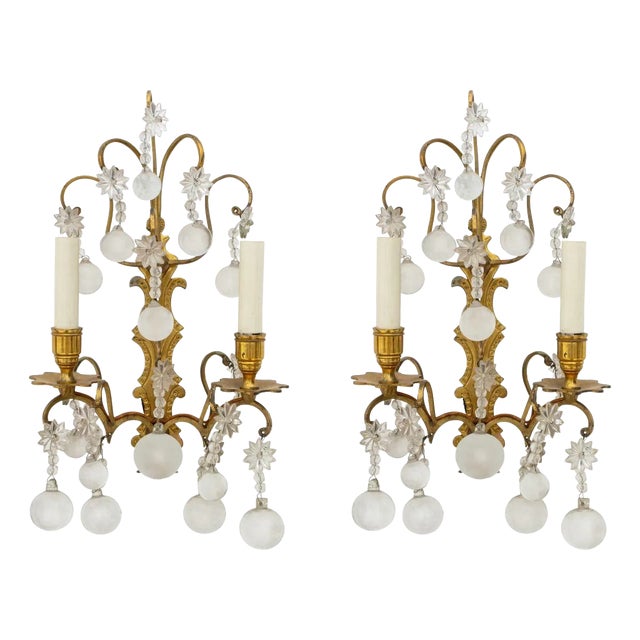 Italian Brass and Crystal Two-Branch Wall Sconces, Pair For Sale