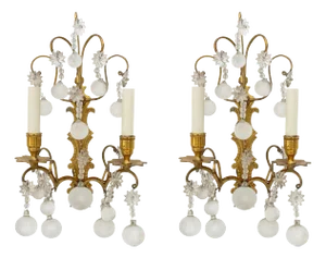 Italian Brass and Crystal Two-Branch Wall Sconces, Pair
