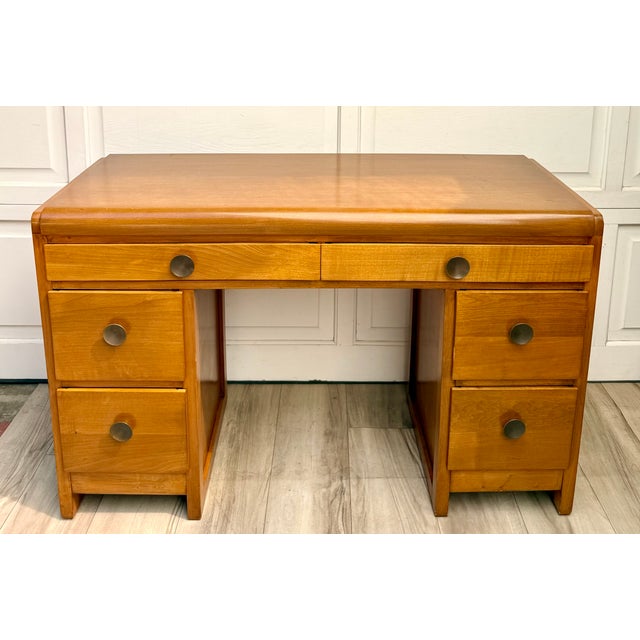 1940s John Stuart Blonde Wood 3-Piece Vanity, Mirror & Bentwood Stool For Sale - Image 17 of 18