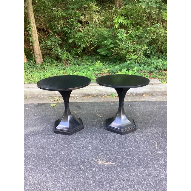Black Eichholtz Attributed Harlem Round Piano Black Top End Tables - A Pair For Sale - Image 8 of 8