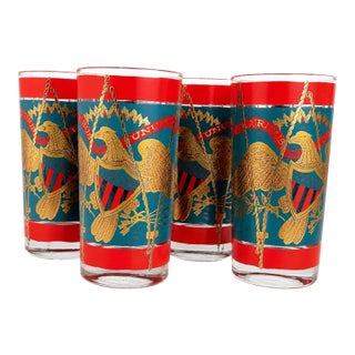1960s Americana Gold Eagle Regimental Drum Highball Glasses 22k Vintage Set of 4 For Sale